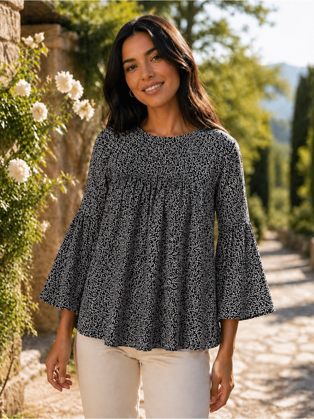 Michael Kors Black White Smocked Tunic Blouse Size S